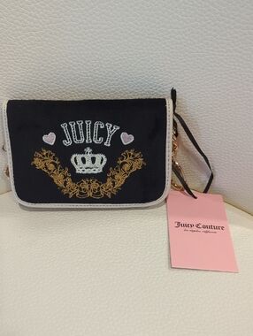 Juicy Couture Black Wallet with Gold Embroidered Crest & Pink Heart Accents